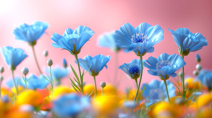 A field of blue flowers with yellow flowers in the background