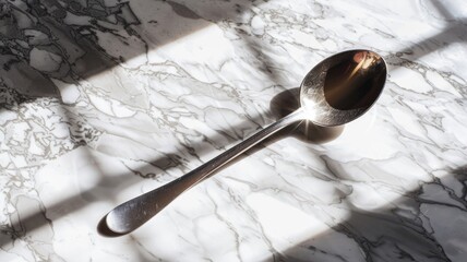 Silver spoon rests on marble surface under natural light