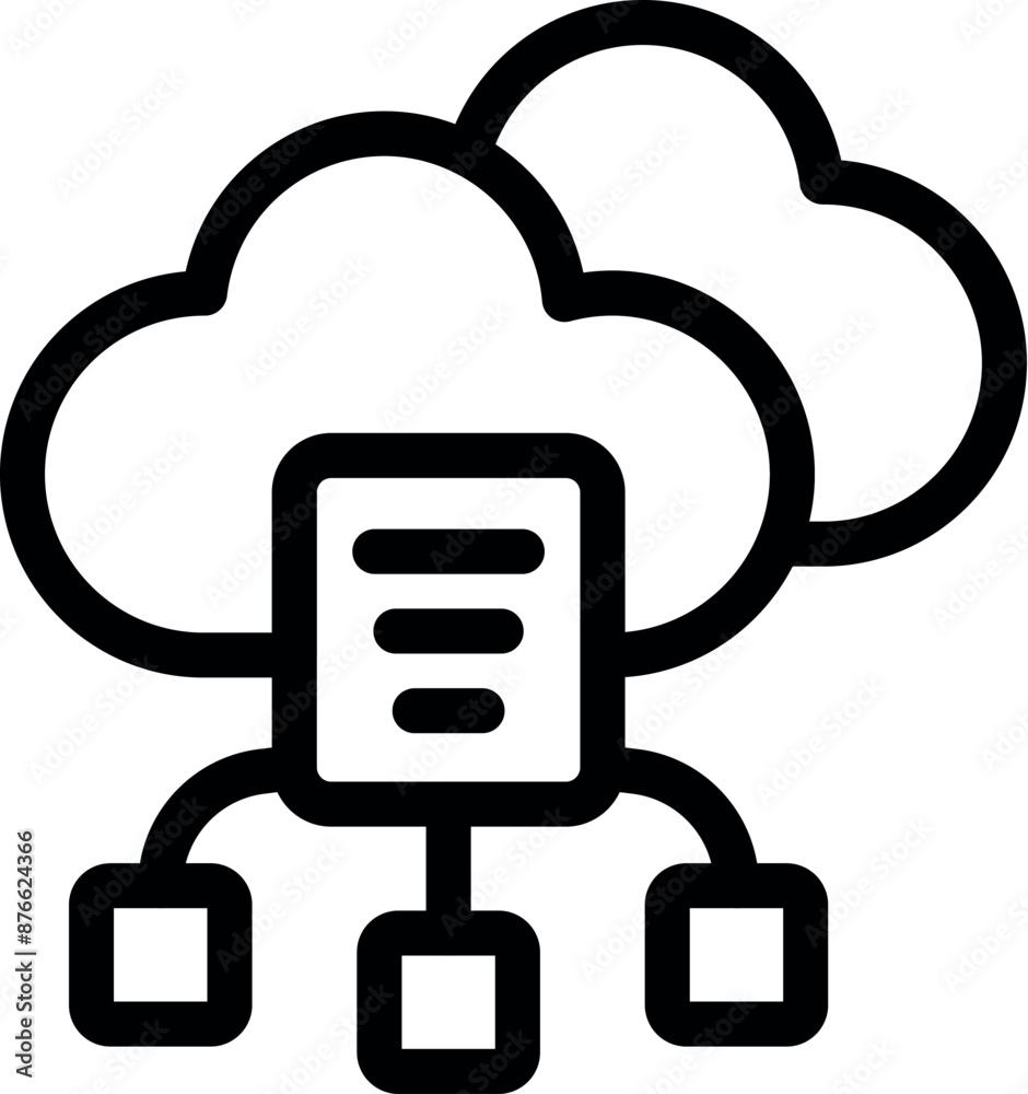 Poster simple line art icon of a document being shared between multiple devices via cloud computing