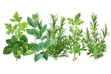 Illustration of Fresh Green Herbs: Basil, Sage, Rosemary, and Cilantro