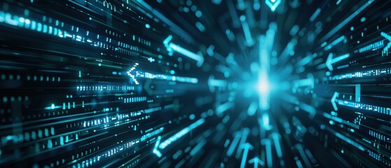 Fototapeta premium Abstract blue arrows in a digital field, moving forward, representing innovation and technological advancement