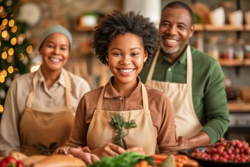 Naklejka premium Happy Family Prepares Festive Meal Together in Bustling Kitchen A Celebration of Togetherness, Love, and Delicious Food