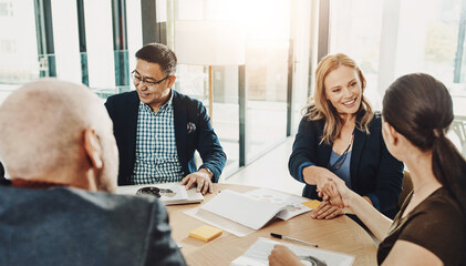 Business people, happy investor or handshake in meeting for funding, teamwork or b2b partnership. Collaboration, agreement or investment banker greeting manager for financial help or negotiation deal © ReeseArcurs/peopleimages.com