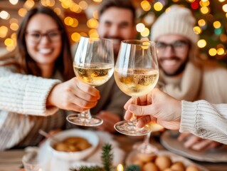 Happy Family Toasting During Festive Holiday Celebration, Smiling Relatives Clinking Glasses at a Christmas Party with Warm Lights and Cheerful Atmosphere