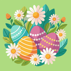 Cute Easter eggs,egg basket, Easter eggs pastel color, daisy flowers and leaves.so beaytiful and stunning Happy Easter inscription, colorful light green background ,Vector illustration