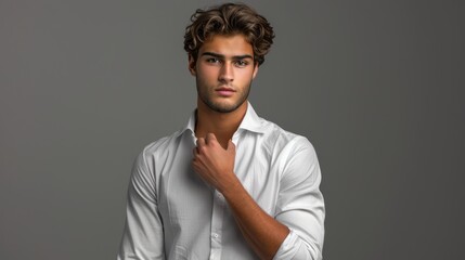 Obraz premium a young man in a white shirt posing in front of gray backgrounds