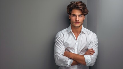 Obraz premium a young man in a white shirt posing in front of gray backgrounds