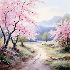 the ai generated image, misty morning in a cherry blossom garden. landscape