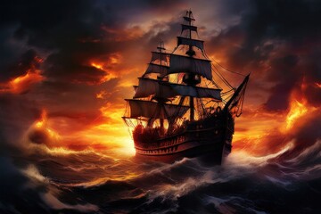 Obraz premium the ai generated image, ships at sea in rainstorm