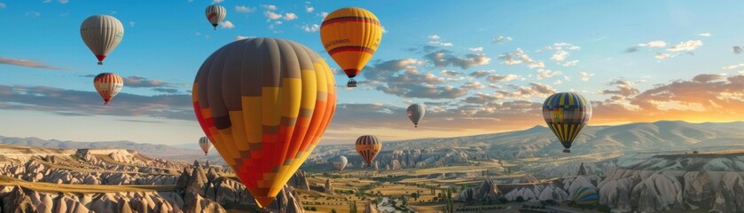 Serene Flight: Joyful Adventure with Colorful Hot Air Balloons Floating over Scenic Valley