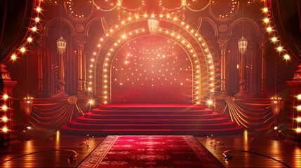 Red Carpet Stage with Golden Arch and Lights