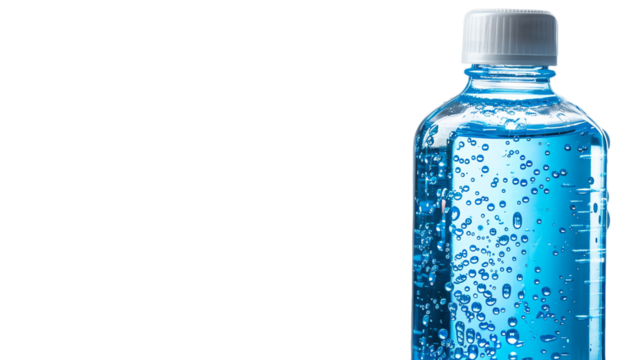 Blue Liquid Bottle with Bubbles on Black Background.
