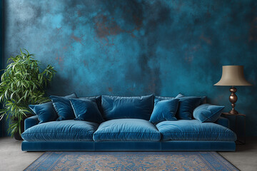 青い壁紙のおしゃれな部屋