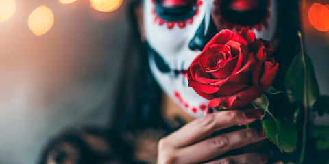 Woman dressed as Catrina in the background, in the foreground a red rose that she offers