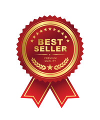 Best seller sticker label with ribon, gold and red badge and red ribbon with Stars and laurel wreath Decoration vector isolated Premium Quality text product, book cover label or your product the Best