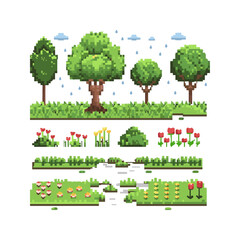 Fototapeta premium Pixel Art Nature Landscape with Trees, Flowers, and Stream