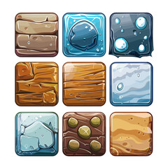 Cartoon Game UI Design Elements. Wood, Ice, and Stone Textures