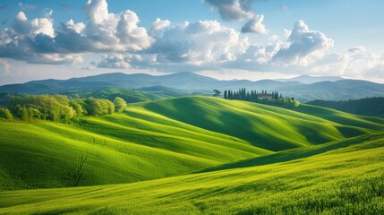 Fototapeta premium Beautiful spring landscape scene with rolling green hills