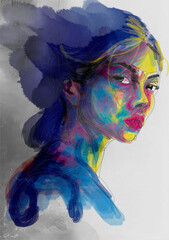 painting of young woman, psychedelic abstract technique, vibrant colors, artistic painting, digital art