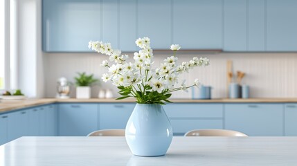 Vase with fresh spring flowers on dinning table on the background of modern kitchen in Scandinavian interior style. Light white blue colors