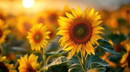 Fototapeta premium A field of sunflowers with the sun setting in the background