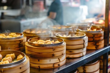 chinese dim sum in bamboo steamers
