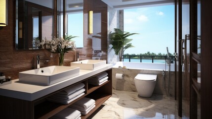 a bathroom with a large mirror and a sink with towels on it