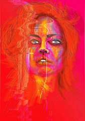 painting of young woman, psychedelic abstract technique, vibrant colors, artistic painting, digital art