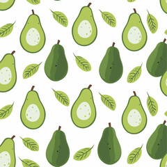 Avocado seamless pattern, green fruits and leaves on white background