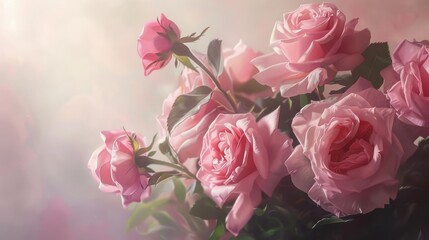 Fototapeta premium A bouquet of soft pink roses bathed in warm sunlight.