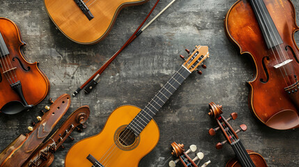 Naklejka premium Title: Variety of Musical Instruments including Guitars and Pianos.music