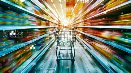 Futuristic shopping experience with digital overlay in a supermarket, advanced supply chain technology