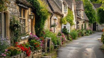 Fototapeta premium Beautiful idyllic old English village street with cottages made of stone and front garden with flowers
