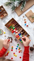 Obraz premium Handmade advent calendar and kids hands unpaking box with candies. Gift boxes for Xmas. Eco friendly Christmas gifts diy concept