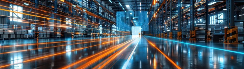 holographic projection warehouse with automated supply chain systems, Scifi, Blue and Orange, , Hightech warehouse management