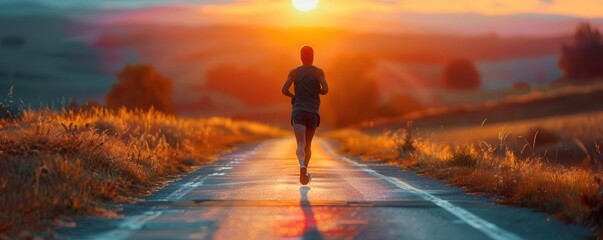 A lone runner jogs down a picturesque country road at sunset, silhouetted by a vibrant sky and surrounded by serene landscapes.