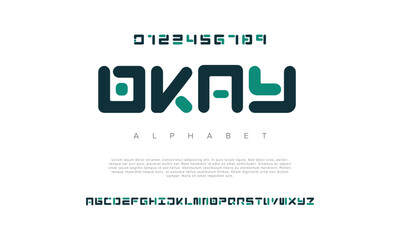Okay creative geometric modern urban alphabet font. Digital abstract futuristic, fashion, sport, minimal technology typography. Simple numeric vector illustration