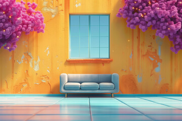 aesthetic room for poster background with blue tiles and yellow peeled wall with checkered window frame there and sofa under the window offering view of bright blue sky decorated with purple flowering