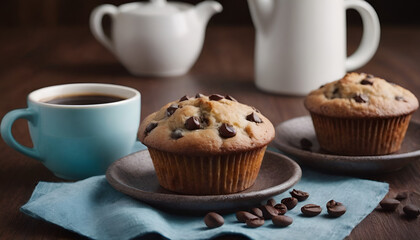 chocolate chip muffin with a cup of coffee