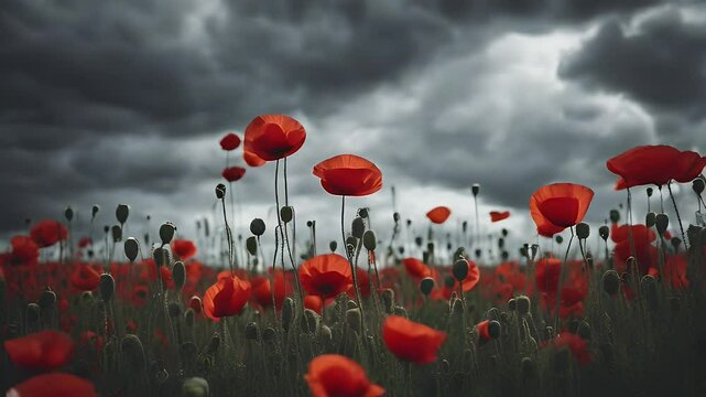red poppies rose in the field with cloud sky