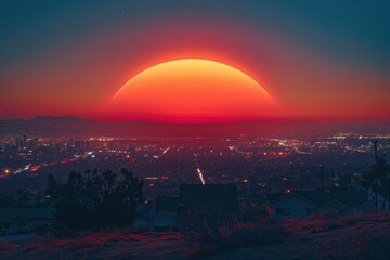 Obraz premium Cityscape at Sunset with Red Sky