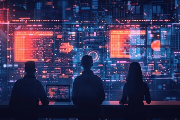 Three Silhouettes Observe Data on a Large Screen