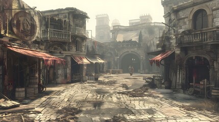 Empty market square with boarded-up shops and few people, emphasizing economic hardship