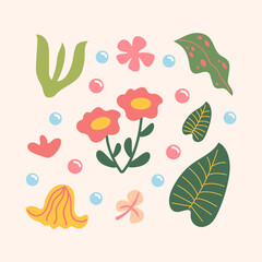 colorful abstract hand drawn tropical leaves and flower spring background 7