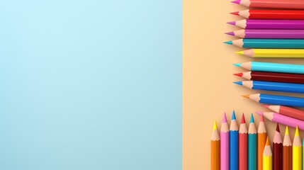 Fototapeta premium Colorful pencils arranged neatly on a pastel background. Perfect for education, art projects, and creative designs.