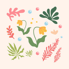 Obraz premium colorful abstract hand drawn tropical leaves and flower spring background 13