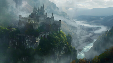 Fototapeta premium A medieval castle perched on a cliff, overlooking a mist-covered valley with winding rivers and ancient ruins
