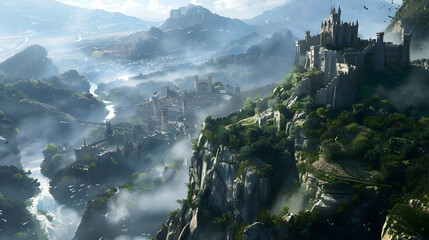 A medieval castle perched on a cliff, overlooking a mist-covered valley with winding rivers and ancient ruins