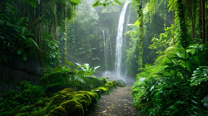 A moss-covered path leads to a secluded waterfall hidden deep within a lush tropical rainforest
