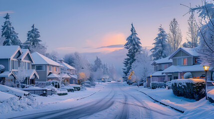 Fototapeta premium A quiet suburban neighborhood with snow-covered houses and frosted trees lining a peaceful cul-de-sac at twilight